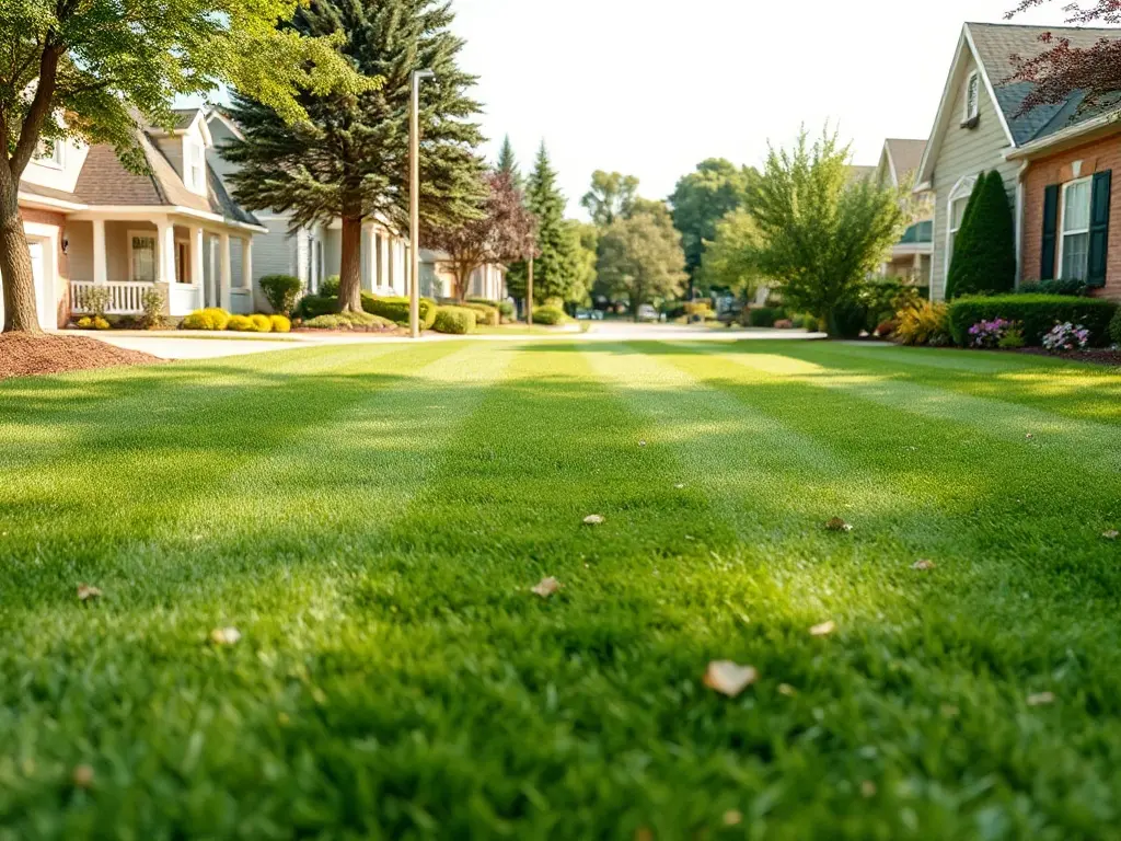 Suburban street of residential lawns showing route density for quoting neighboring properties from the truck