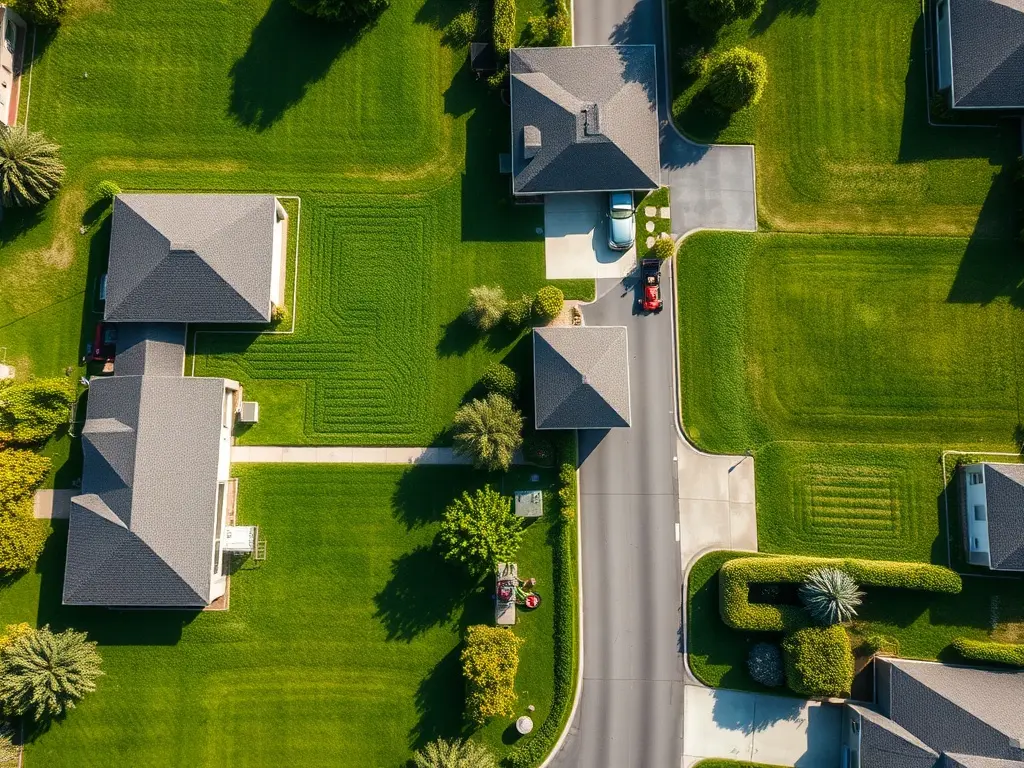 Aerial view of suburban lawns used for satellite lawn measurement software instead of manual tracing