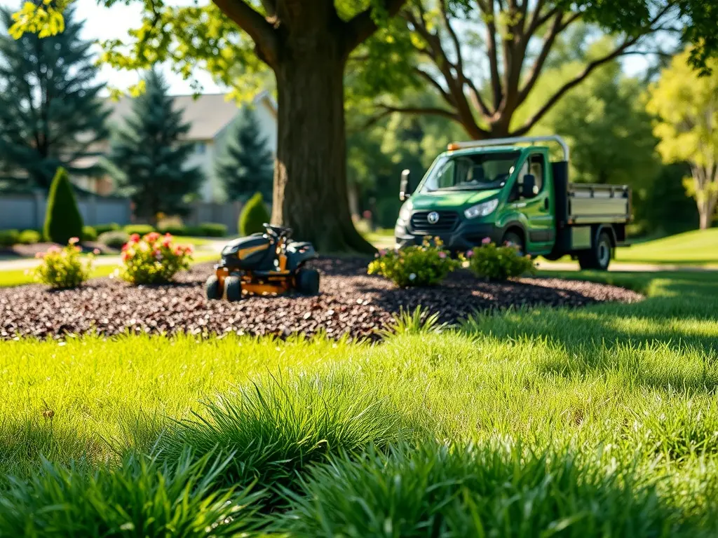 Lawn-care pro placing a door hanger next to a mowed lawn to find neighbors of existing customers and build route density