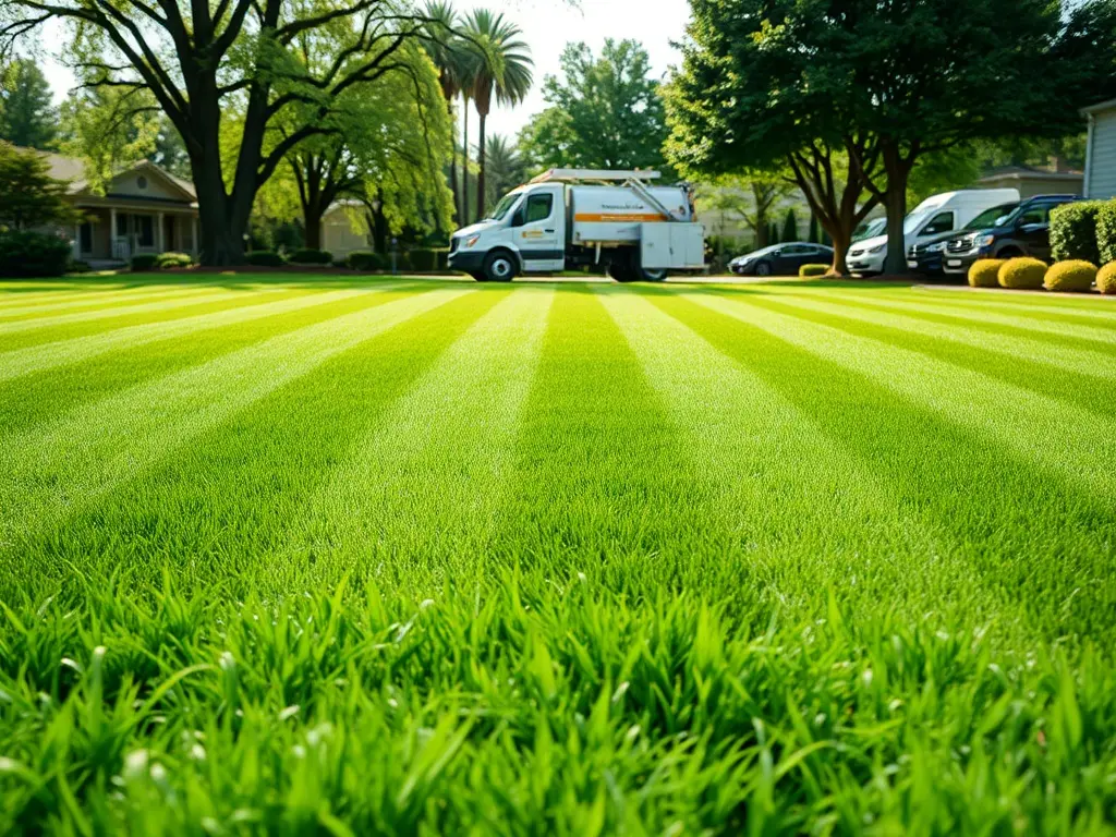 Lawn-care pro checking his phone by his mower, illustrating speed to lead lawn care while on a job