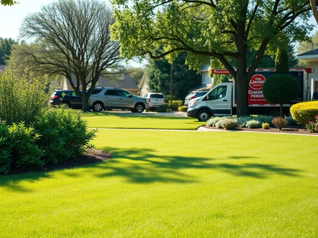 Operator measuring a lawn from aerial imagery on a phone to build an instant lawn quote from the truck tailgate
