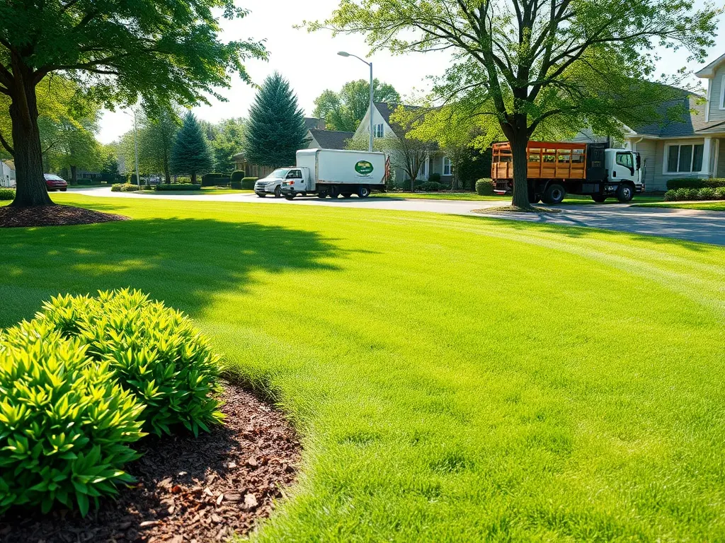 Lawn care pro on a suburban lawn with a phone and clipboard, working out how to quote lawn mowing jobs