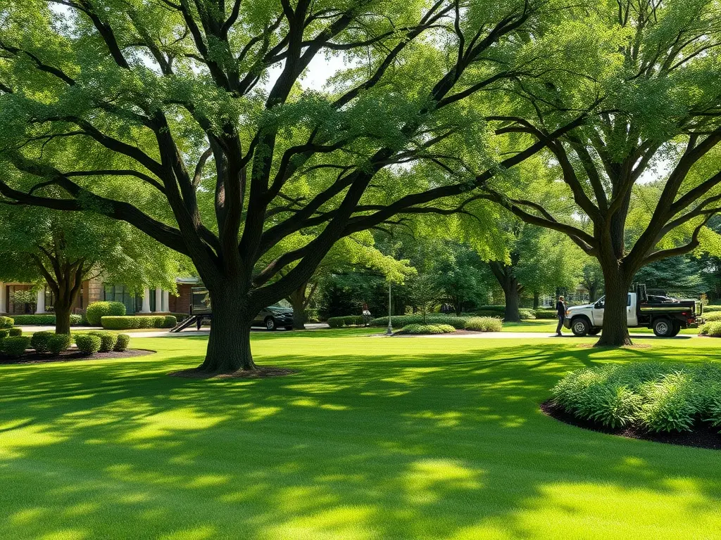 Lawn pro checking satellite lawn measurement on a tablet in front of a suburban property
