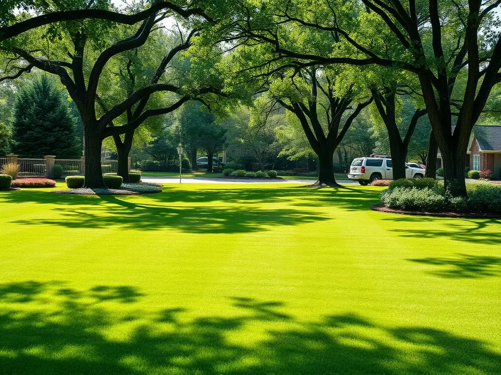 Two neighboring lawns being mowed on one street, showing route density that lowers drive time cost per lawn quote