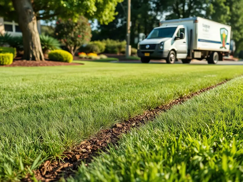 Suburban street of adjacent mowed lawns showing route density for a lawn care business serving ideal recurring customers