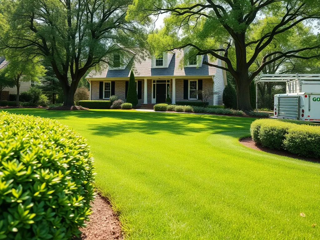 Lawn pro in a truck using a phone to price a lawn from just the address using aerial imagery