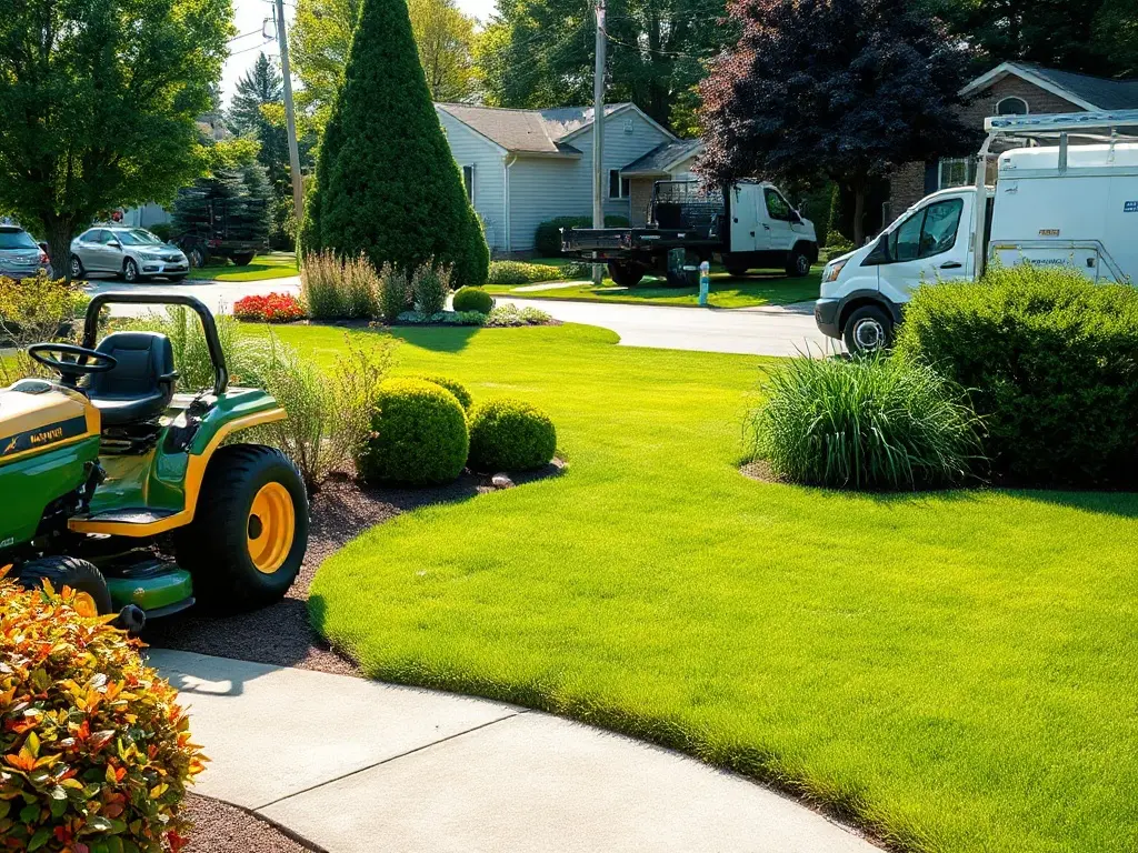Lawn crew truck parked on a suburban street of freshly mowed lawns, illustrating how to build route density in lawn care