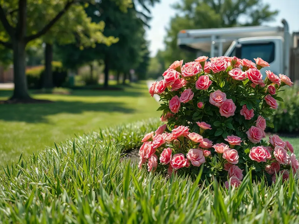 Landscaper invoicing from a phone beside a finished lawn, showing how field service software helps a lawn care business get