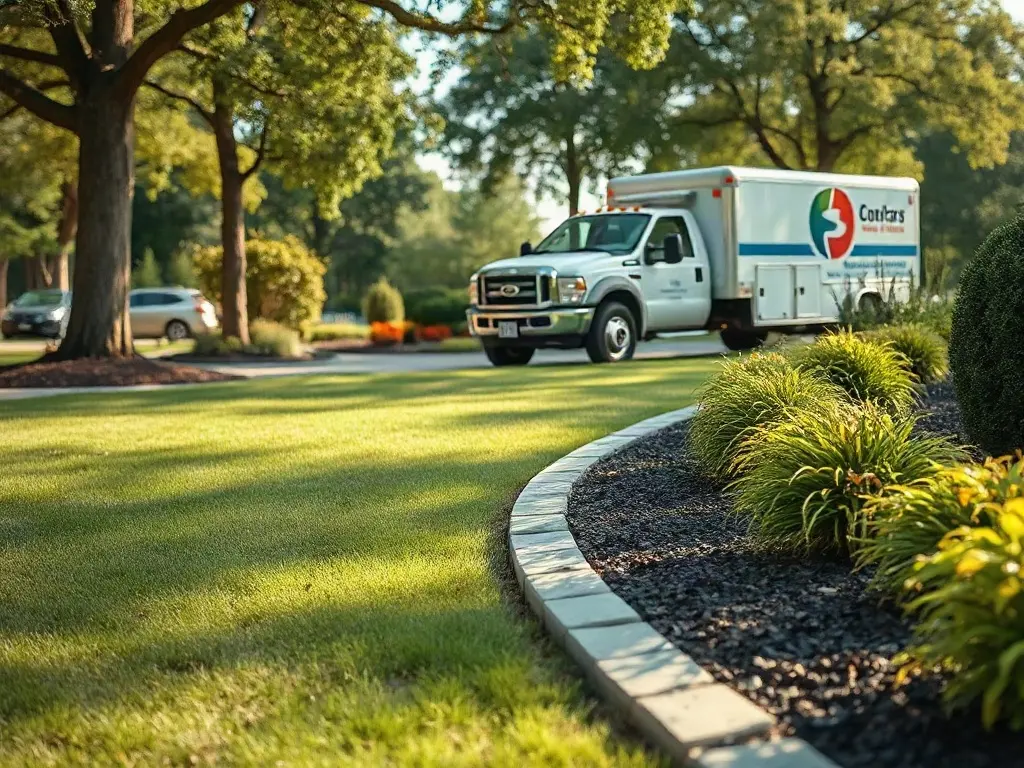 Operator placing a lawn care door hanger on a home's front door in a dense neighborhood route