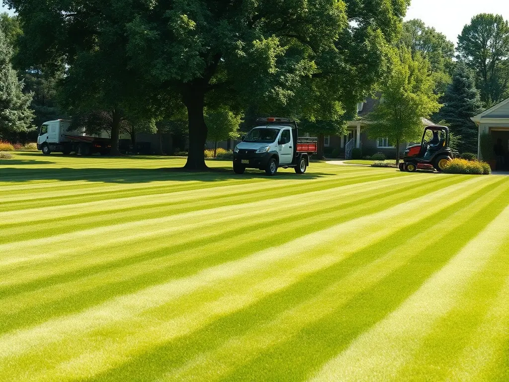 Lawn pro checking a phone by his truck, preparing instant lawn mowing quotes by address for a suburban property