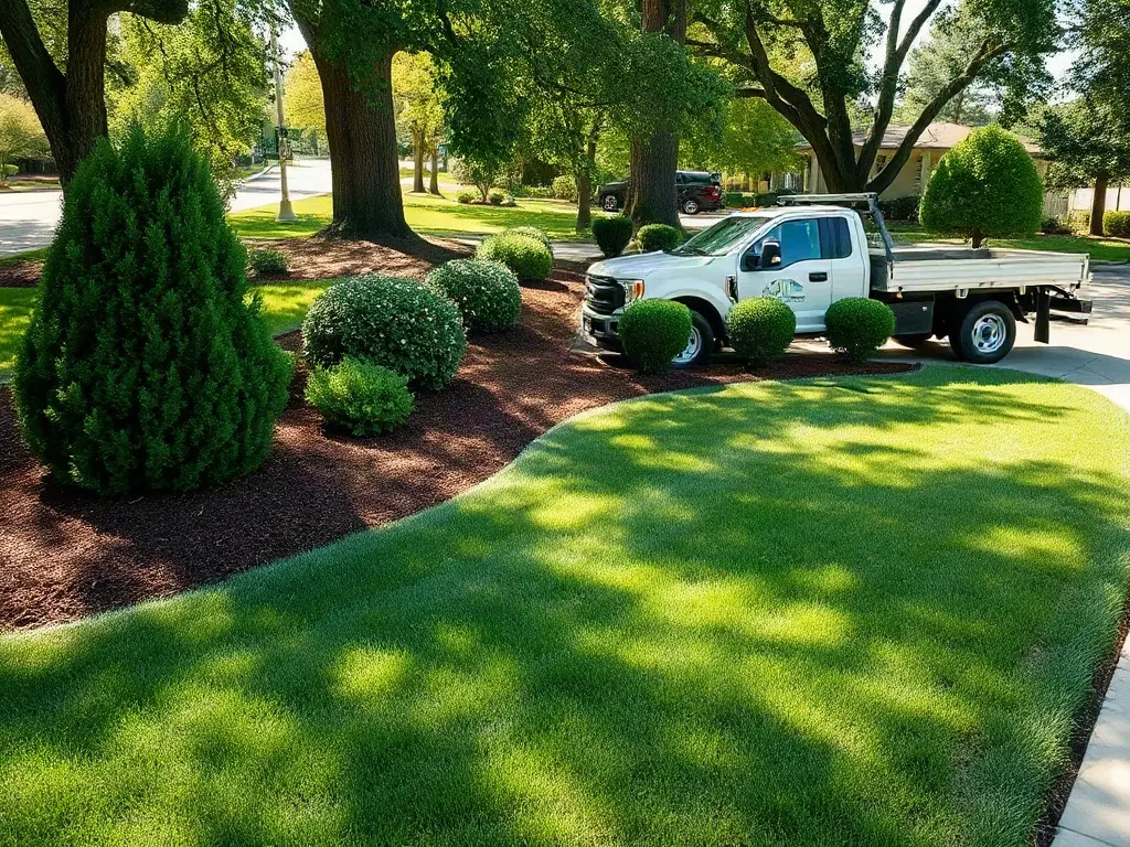 Lawn-care pro checking his phone by his mower, responding faster to win more lawn jobs