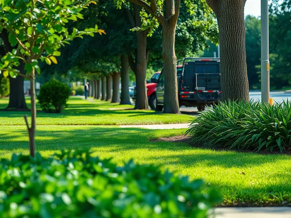 Lawn pro checking a phone at the curb, deciding whether to walk a property to quote it