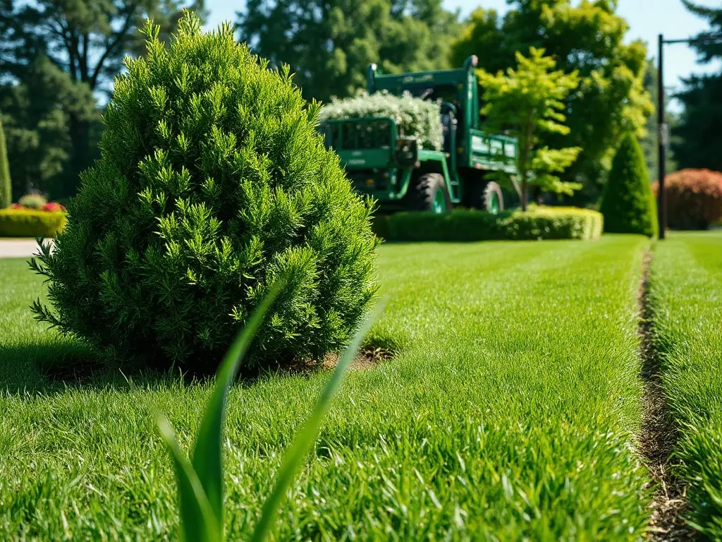 Lawn pro in a truck checking an aerial property view to measure a lawn with Google Earth-style imagery