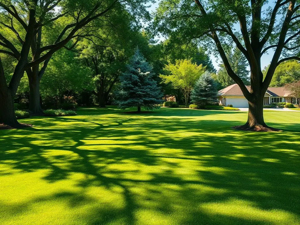 Suburban lawn showing mowable turf separate from beds and driveway, the detail a lawn quoting tool measures remotely