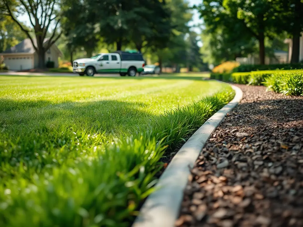 Neighboring lawns mowed on one street, illustrating route density that makes a lawn care route worth more