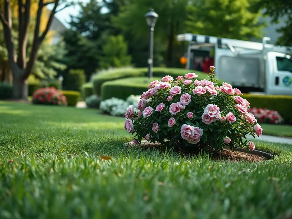 Lawn pro greeting a suburban homeowner — the ideal customer for a lawn care business — on a freshly mowed yard