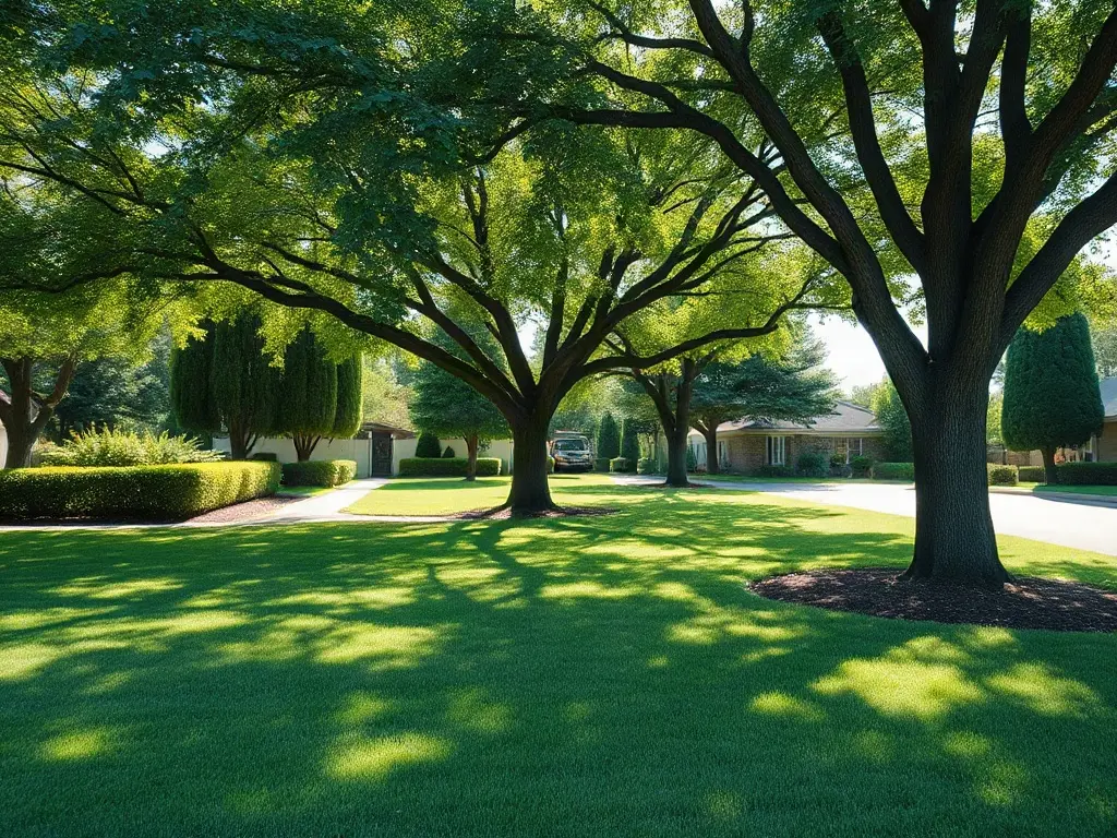 Dense suburban route of freshly mowed lawns showing route density that drives CRM value for a mowing business