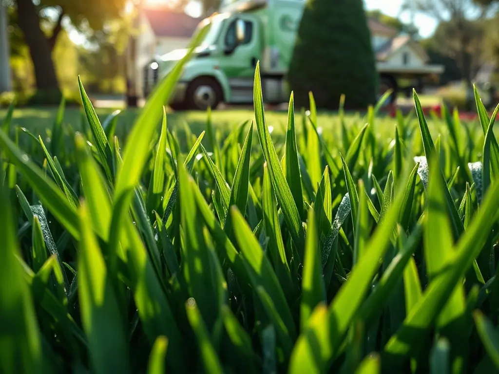 Lawn operator sending a same-day quote from his phone at the trailer, answering lawn leads fast while on the route