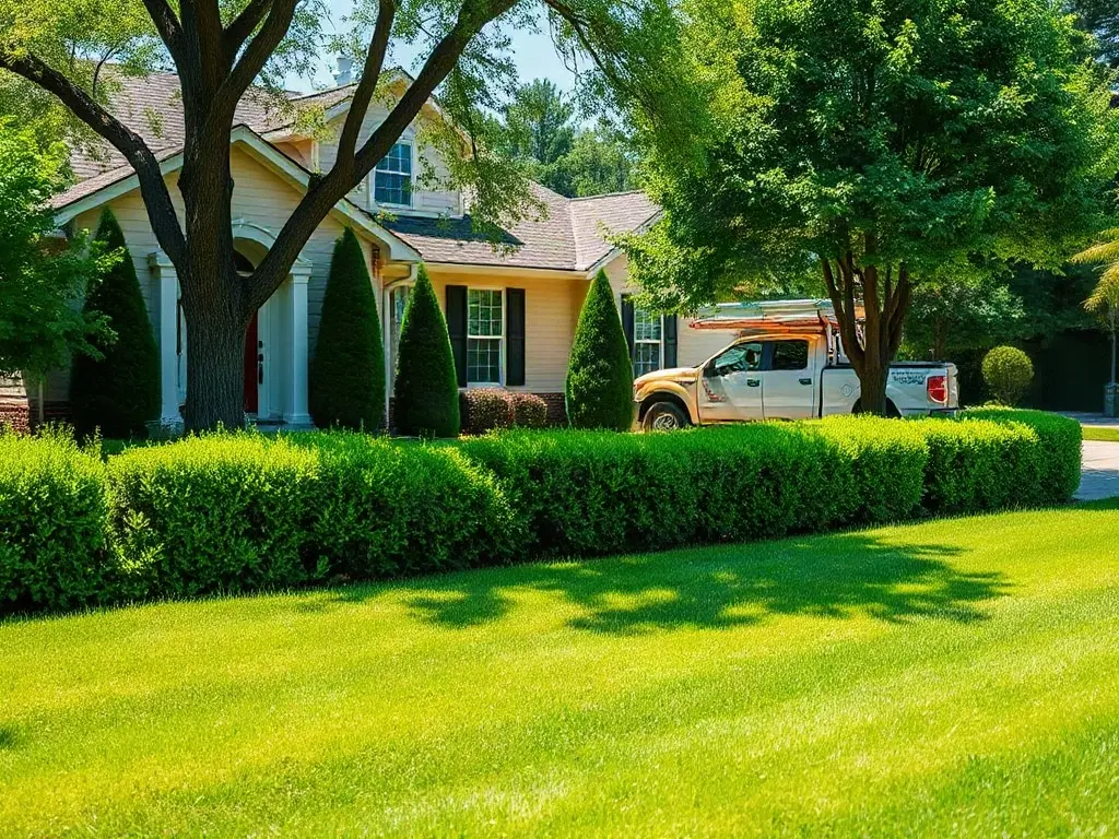 Lawn-care operator calculating his loaded hourly rate for lawn care on a clipboard beside his mower and truck