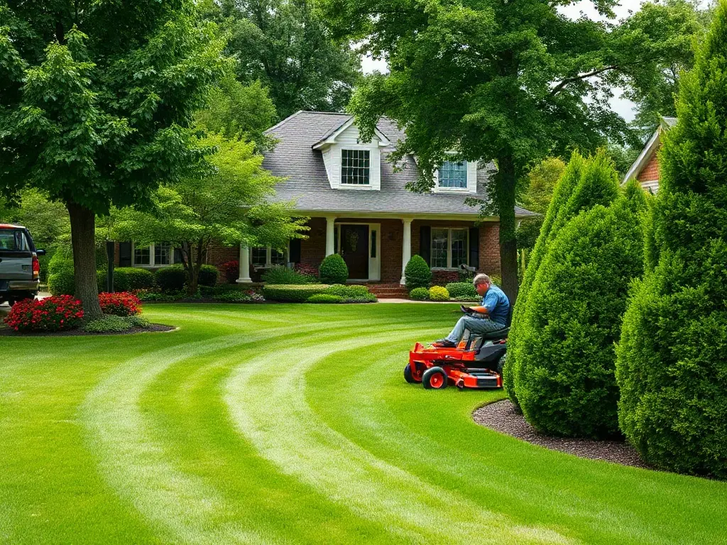 Lawn care pro hanging a door hanger on a suburban front door with a mower at the curb
