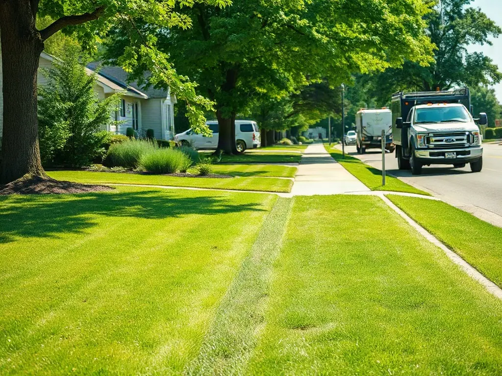 Lawn-care pro budgeting weekly sales hours from the truck while parked on a suburban street of mowed lawns
