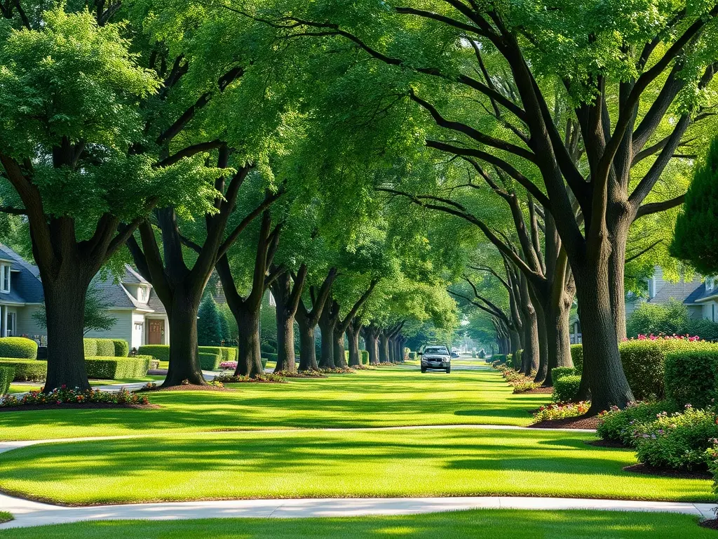 Closely spaced lawns on one street showing the route density that lets an operator lower price and still profit