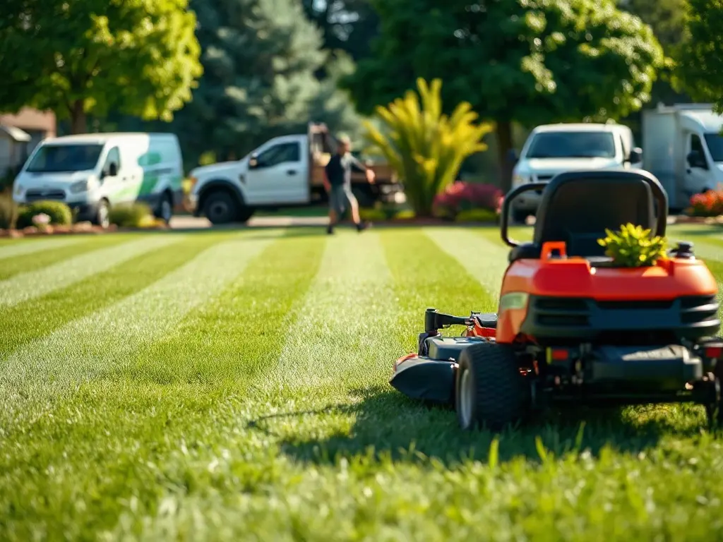 Commercial mower cutting clean stripes on a suburban lawn, showing the commodity side of a lawn care business