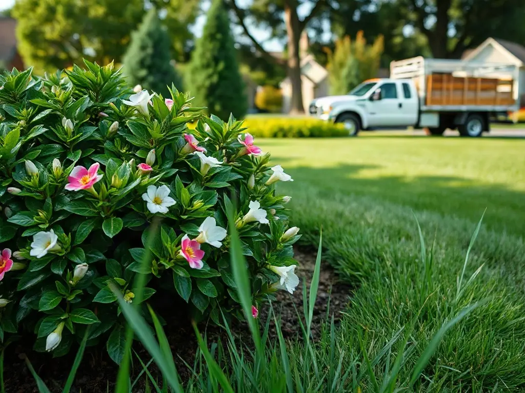 Solo lawn-care owner handling quoting and invoicing admin tasks at a desk before the workday