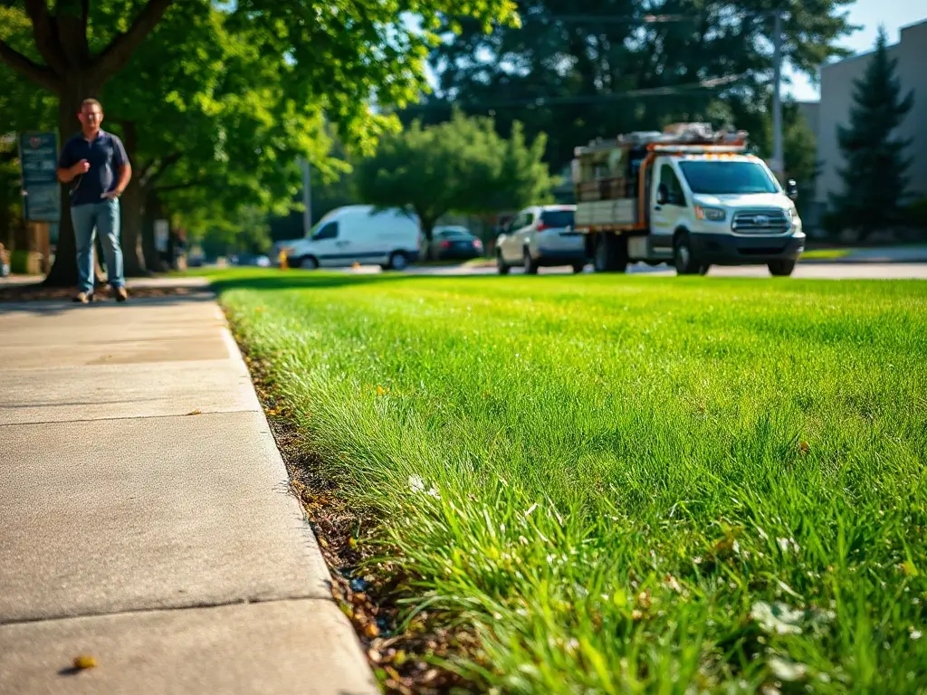 Lawn-care pro sizing up a mowed front yard to price the job per square foot