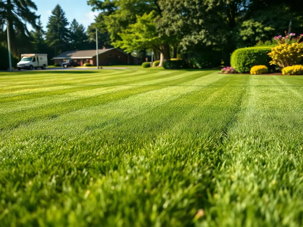 Lawn pro in a truck using aerial imagery to measure a lawn before driving out there to quote it