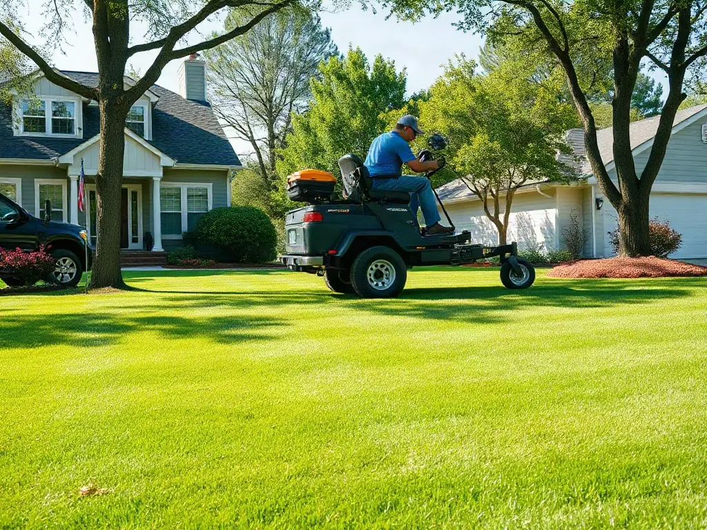 Lawn care pro checking a job schedule on his phone at the truck, deciding if he needs field service software at 50 accounts