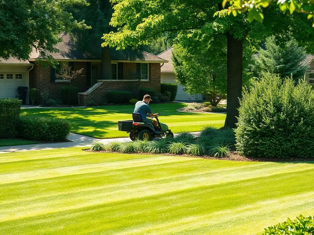 Two-person lawn crew mowing closely spaced homes, showing how many lawns one crew can realistically do in a day