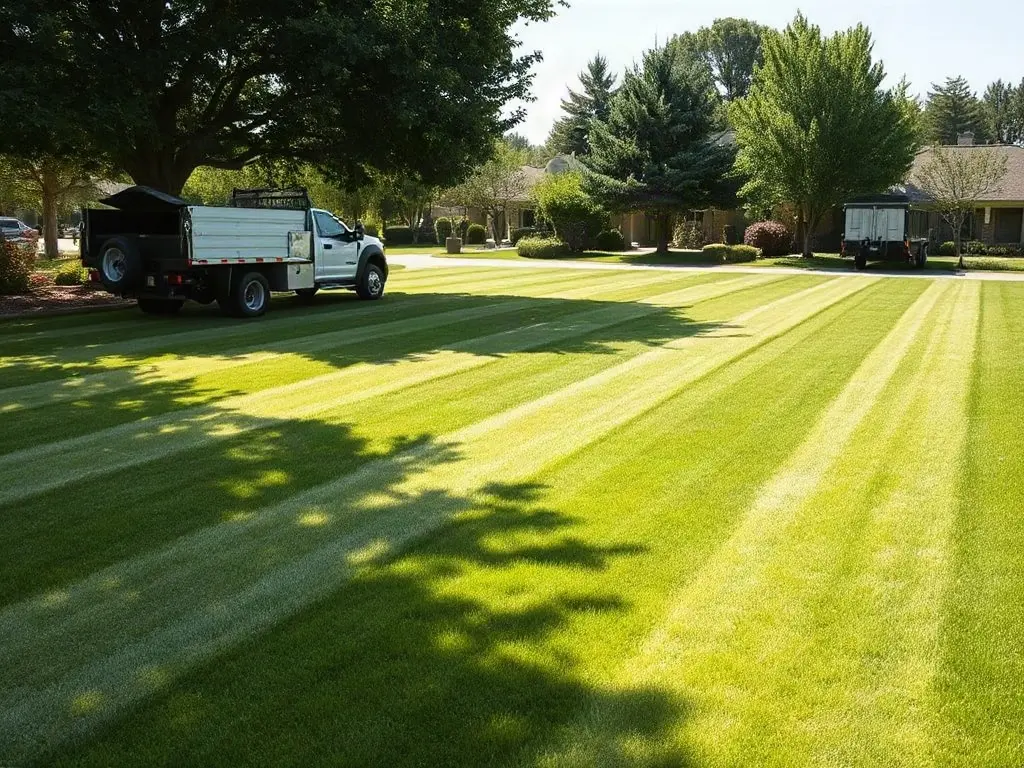 Commercial mower cutting clean stripes on a residential lawn, mowing business route work in 2026