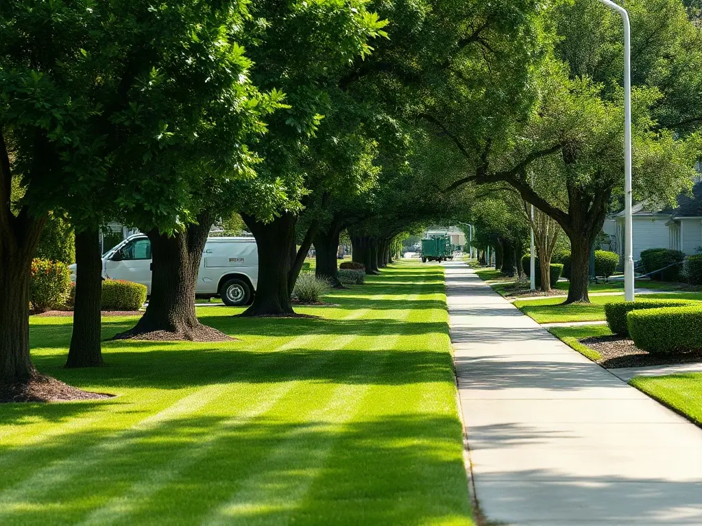 Small lawn care crew owner handling scheduling and invoicing admin at a desk, the office work field service software can cu