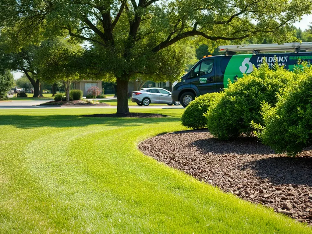 Zero-turn mower on a small yard with a large property behind, showing property-size profitability tradeoffs in lawn care