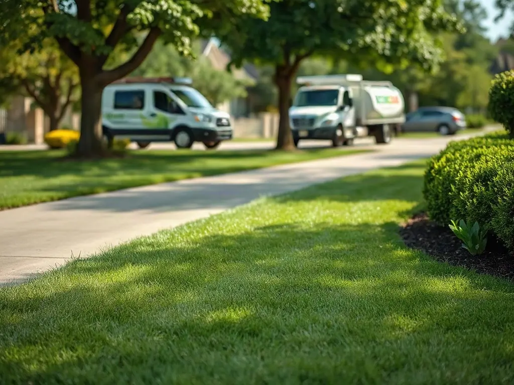 Lawn pro mowing a suburban yard, weighing whether he can lower his lawn care price and still make money