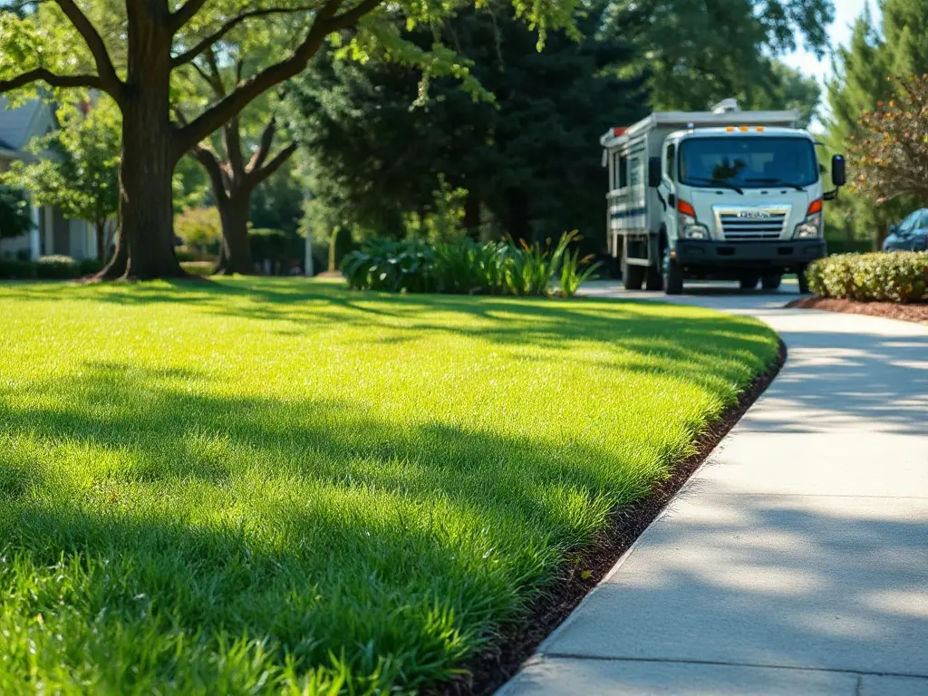 Lawn-care pro hanging door hangers near existing customers on a suburban street with a mowing trailer parked nearby