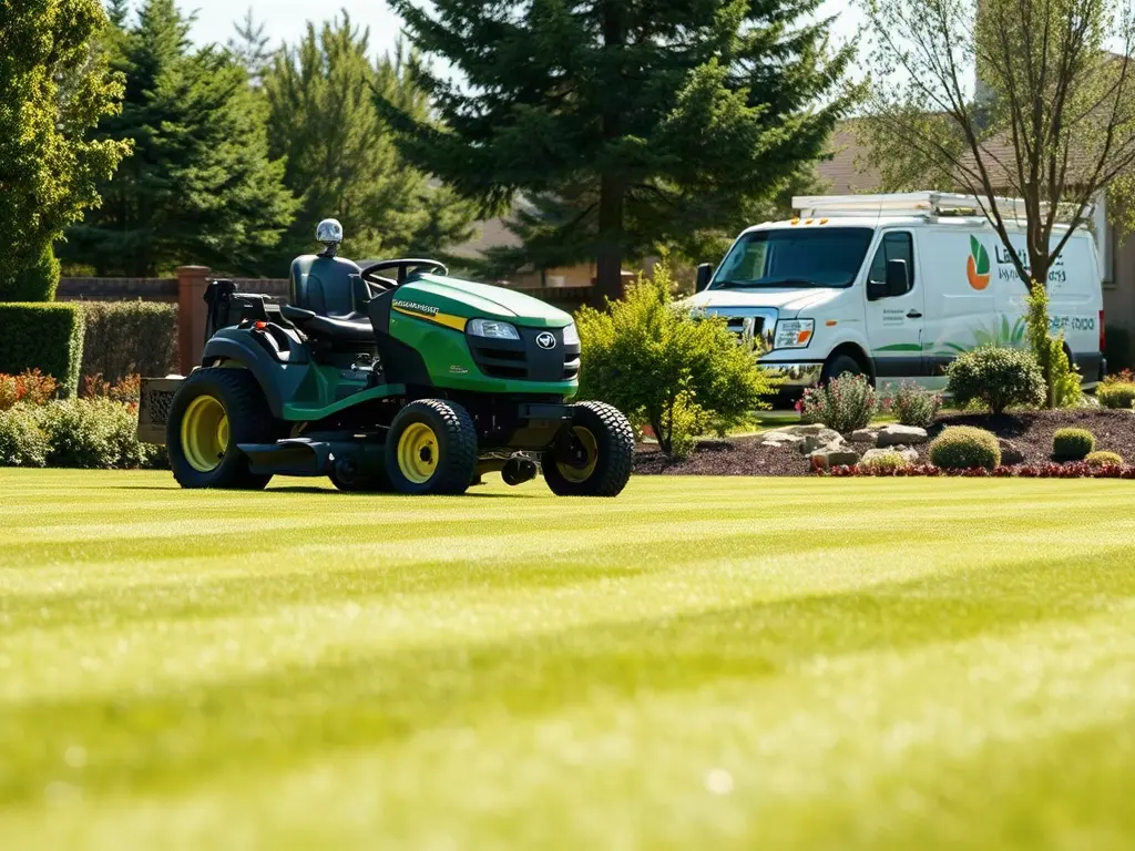 Lawn crew mowing closely spaced properties, showing how route density raises revenue per blade hour in lawn care
