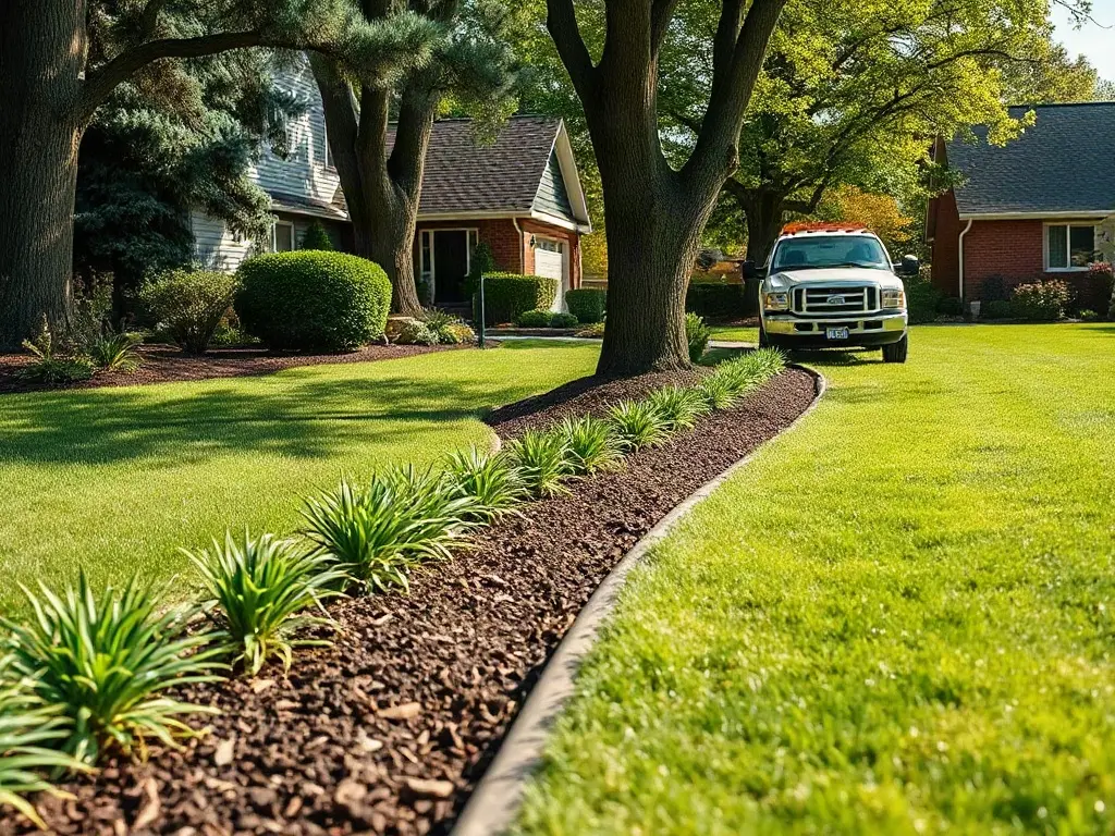 Stack of lawn care door hangers on a truck tailgate ready for distribution on a neighborhood route
