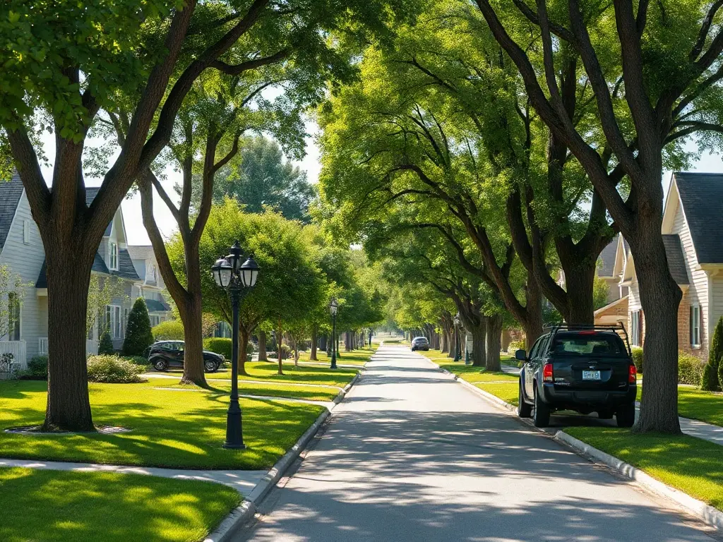 Clustered suburban lawns on one block showing route density that turns a mowing job into a profitable business