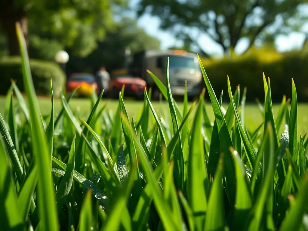 A block of neatly mowed neighboring lawns showing the route density that makes the ideal lawn care customer