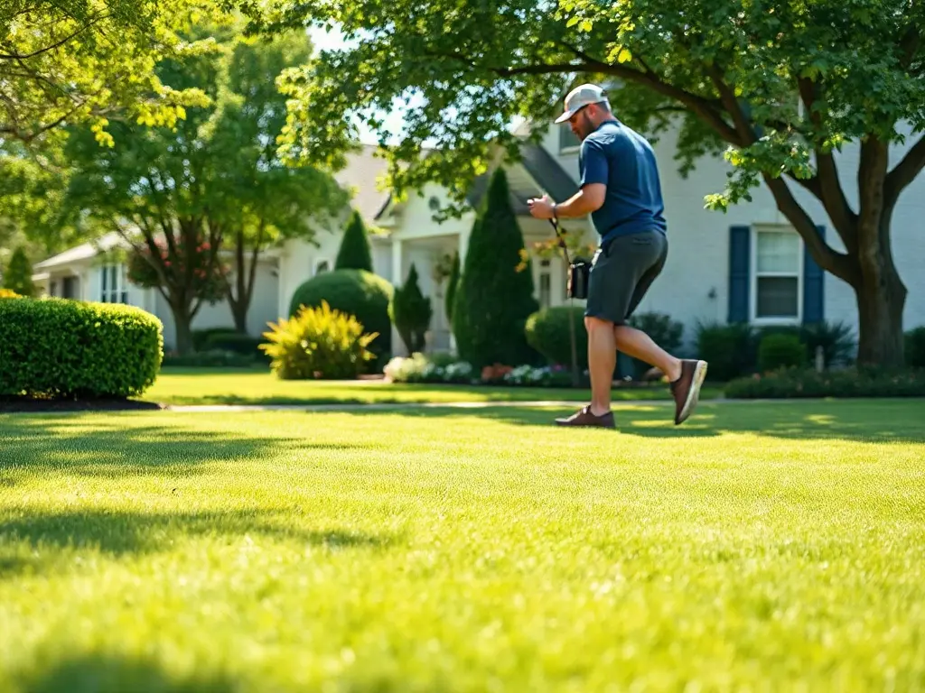 Operator mowing one lawn with a finished neighbor's lawn beside it, showing route density on the same street