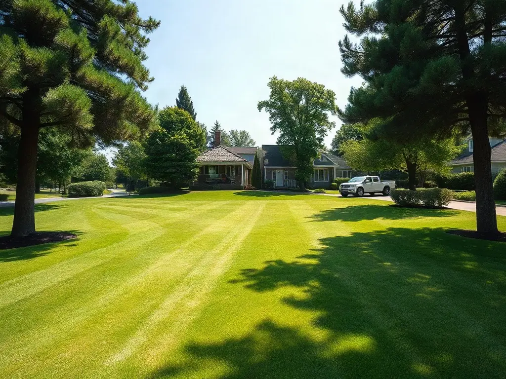 Solo operator in a truck using aerial imagery on a phone to measure and quote lawns before driving out