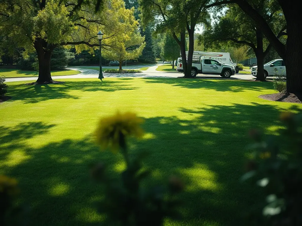 Lawn care operator in a work truck checking his phone about a late payment, invoice on the dashboard