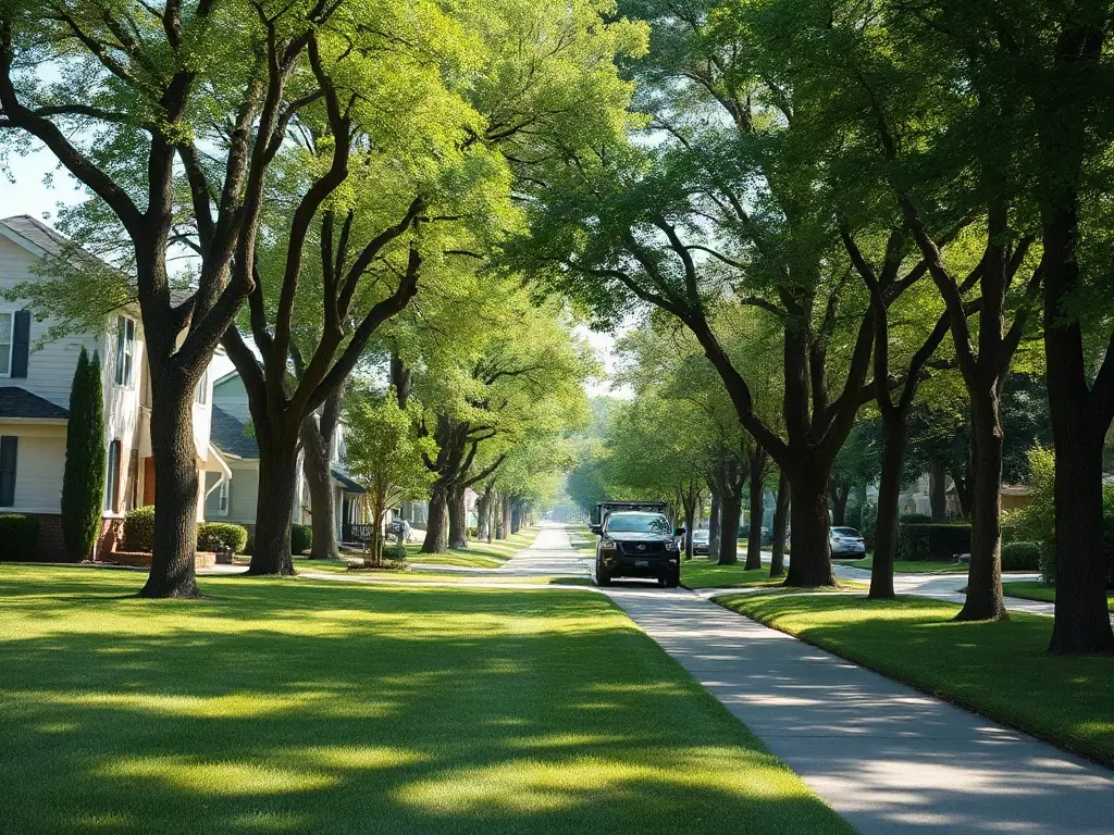Solo operator mowing a suburban lawn full time with a commercial walk-behind mower and work truck at the curb