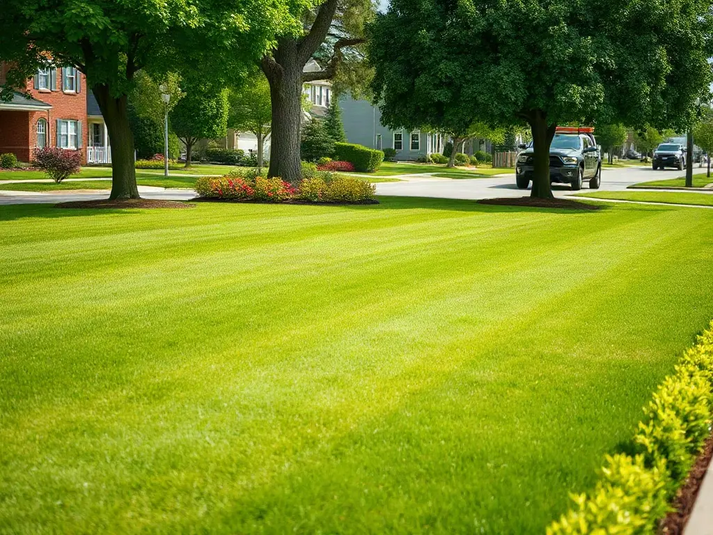Lawn-care pro using a phone on a front lawn to quote lawns from aerial imagery before the first cut