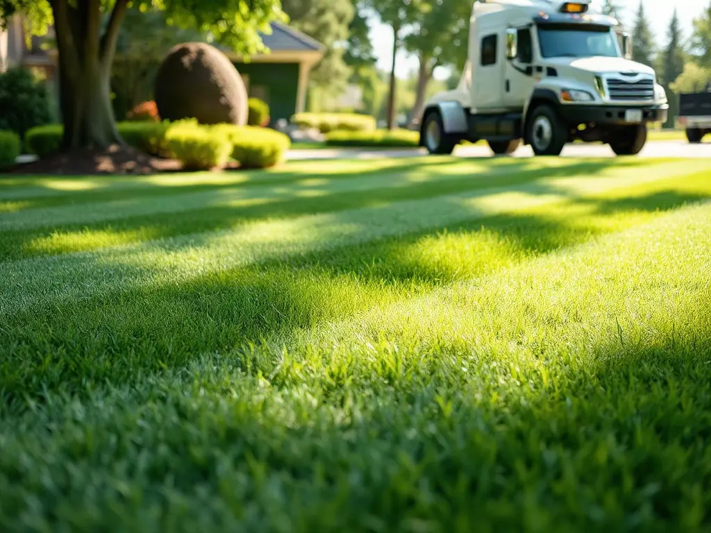 Lawn-care pro checking phone in truck to respond to a lawn care lead fast between mowing stops